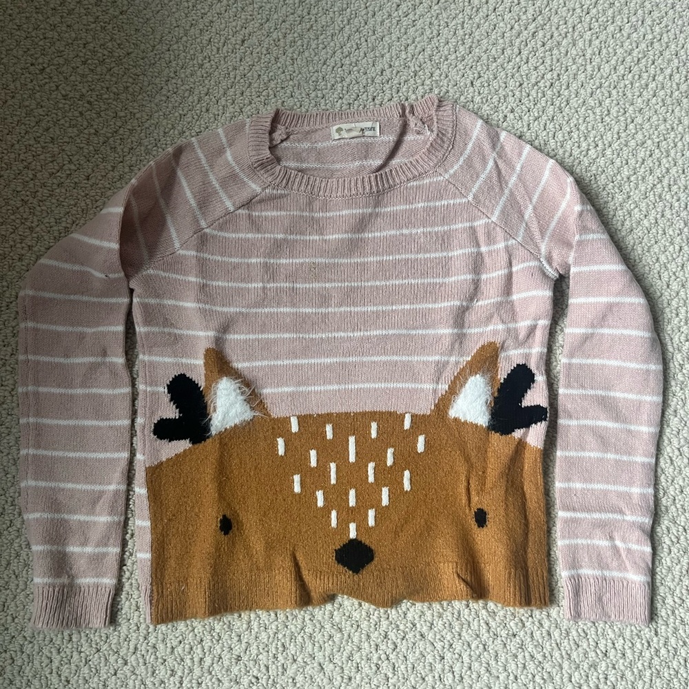 Tucker + Tate Pink and Tan Striped Kids Sweater with Deer Motif